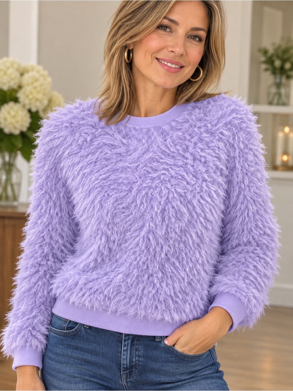 No Boundaries Lavender Fuzzy Crewneck Sweater